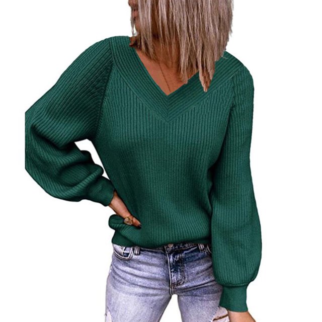 Suéter de Manga Larga para Mujer Casual Suelto Cuello en V Color Puro Mangas de Burbuja Jersey Suéter de Punto Top para Otoño Invierno Verde L