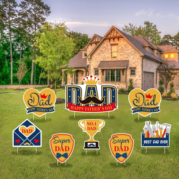Happy Fathers Day Yard Signs, 8-Pack Outdoor Lawn Decorations with Stakes, Weatherproof Plastic, Super Dad & Best Dad Ever, Father's Day Party & Photo Backdrop