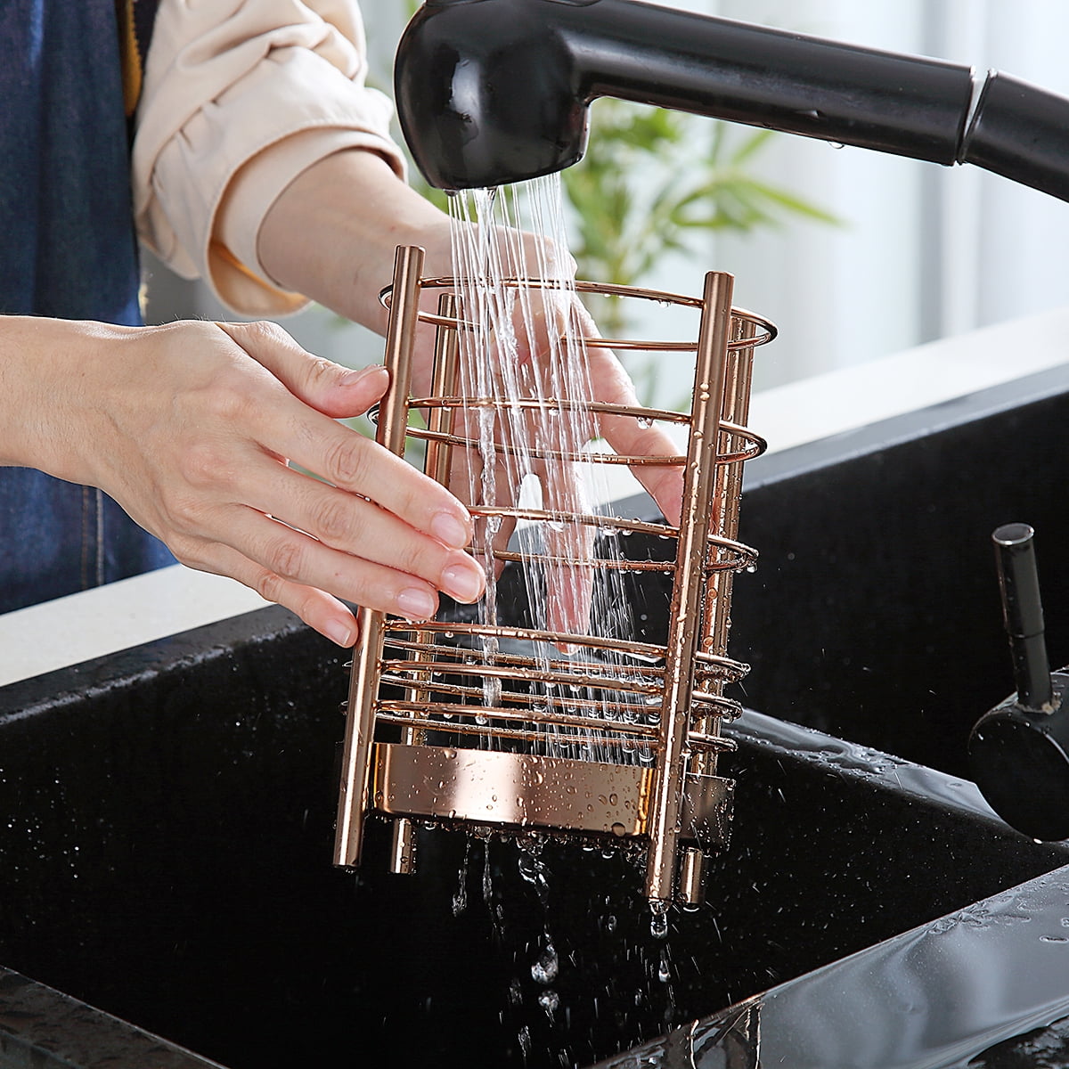 Just Houseware Rose Gold Stainless Steel Utensil Holder, Cooking Utensil Organizer with Drain Holes, Extra Large Kitchen Utensil Holders for Countertop