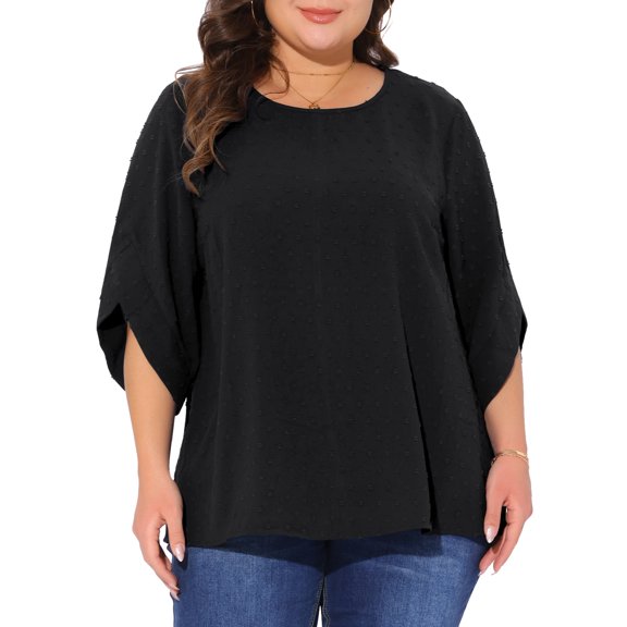 Blusa casual de verano para mujer de tallas grandes Agnes Orinda con mangas de pétalo, dobladillo curvado y cuello redondo, 2X, negra.