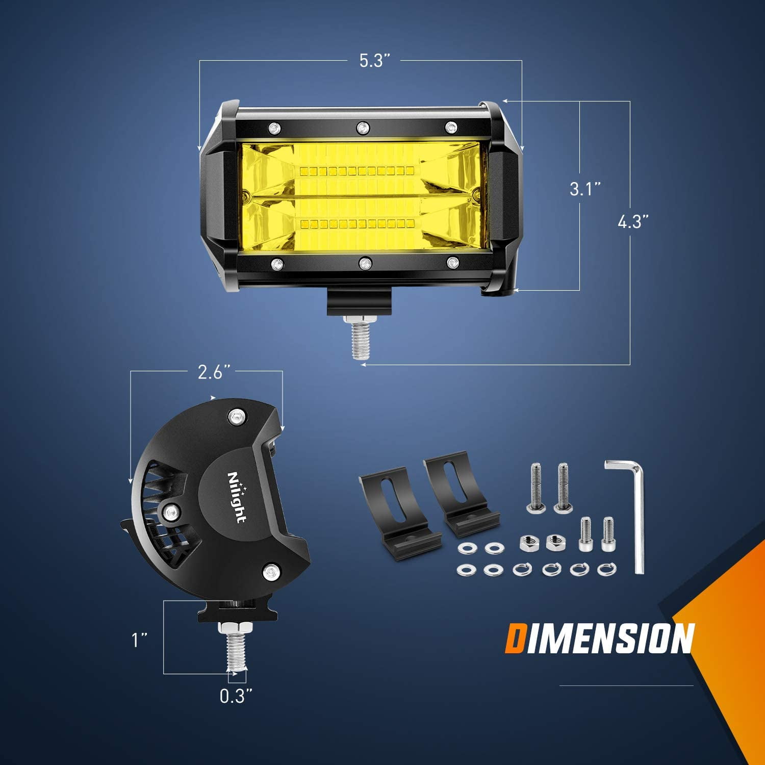 Nilight 5 Inch 72W LED Flood Beam Light Bar - 10800 Lumens Amber for SUV, 2 Pack with 16AWG Wire Set