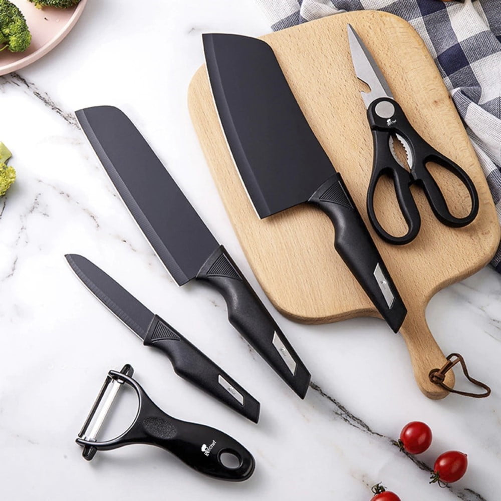 Kitchen Knife Set Non Stick Knives With Block, Serrated Steak Knife, Chef  Knife, Bread Knife, Scissors, Sharpener, 14Pcs Stainless Steel Ultra-Sharp  Cutlery Block Sets With Titanium Coated Blade