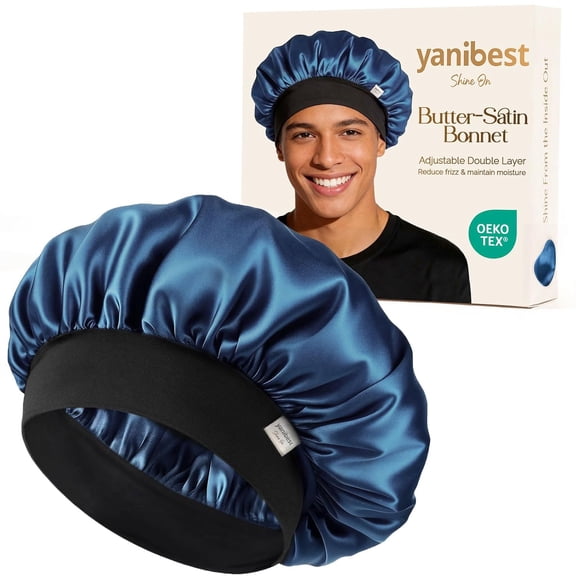 Yanibest Small Satin Bonnet for Men, Hair Bonnet for Short Hair Waves, Stay-on Night Cap, Daily Use for Sleeping Gym Outdoor, Navy blue