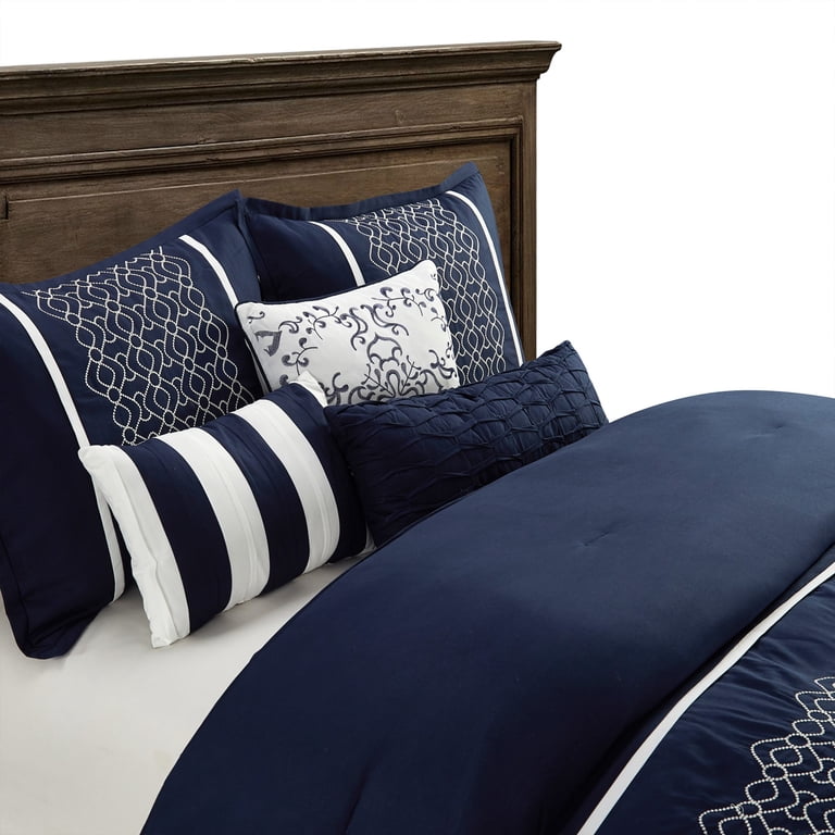 Dobuyly Navy Blue Full Bedding Set – 7-Piece Boho Striped Comforter Set With Sheets & Pillow Shams