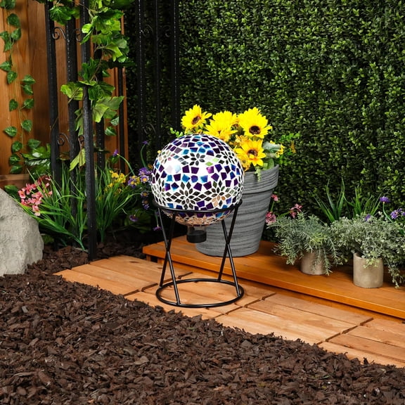 HMD218 Mosaic Gazing with Mirrored Floral Pattern Decoration for Garden Lawn 12 Inch High Outdoor Decor