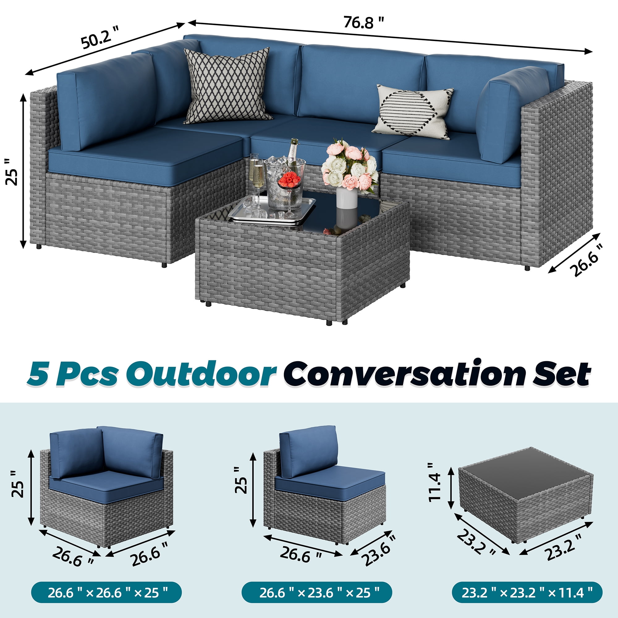 Walsunny 5 Pieces Outdoor Furniture Patio Sectional Sofa Set, Wicker Rattan Conversation Sets with Cushions and Glass Table, Silver Rattan Dark Blue Cushions