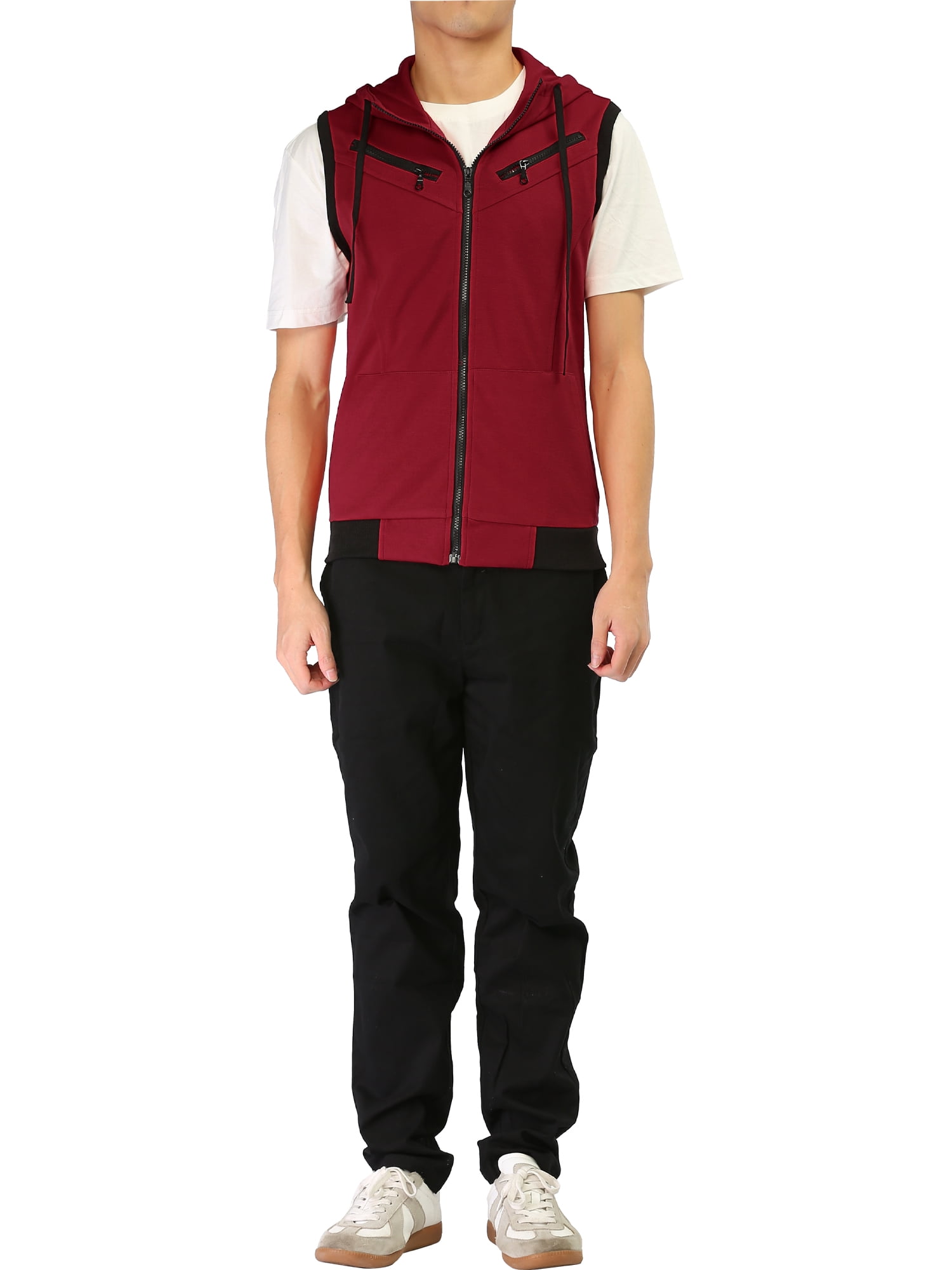 Unique Bargains Men's Sleeveless Zip Up Drawstring Hooded Vest 38 Red