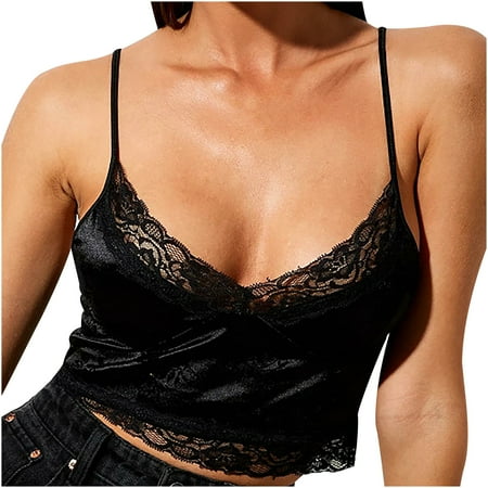 

CYMMPU Women Clothing Women s Sleeveless Cami Vest Summer Shirts Cropped Tank Sexy Bustier Streetwear Round Neck Lace Tank Slim Fit Crop Tops Black
