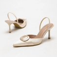 thumbnail image 5 of [On feet & in love] Women's Satin Pointed Toe Slingback Heels - Elastic Strap Stiletto Pumps with Fabric-Covered Circular Ring Detail,Apricot,7.5, 5 of 7
