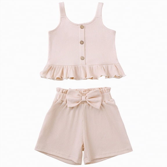 mgoYE Girls Clothes 2t Toddler Girl Outfits Baby Girl Summer Clothes Sleeveless Ruffle Dress Tops and Shorts Clothing Sets(Beige,6-12 Months)