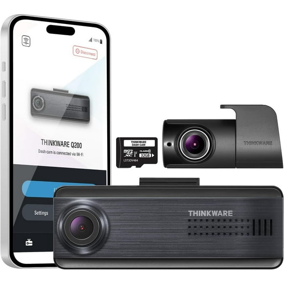 Thinkware Q200 2CH Dash Cam Front Rear 2K Car Dashboard Camera, WiFi, WDR, Speed Red Light Alerts, ADAS, 256GB Max, Parking Monitor, Night Vision (32GB, Hardwiring Cable, GPS)