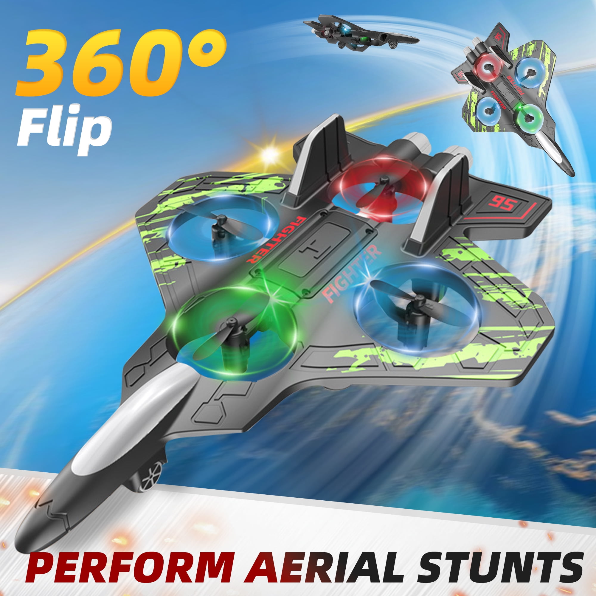 RC Plane Radio Control Helicopter 2.4GHZ Remote Control Airplane 360°Flip Jet Fighter with LED Lights Foam RC Airplanes Helicopter Toy for Kids, Spinning Drone