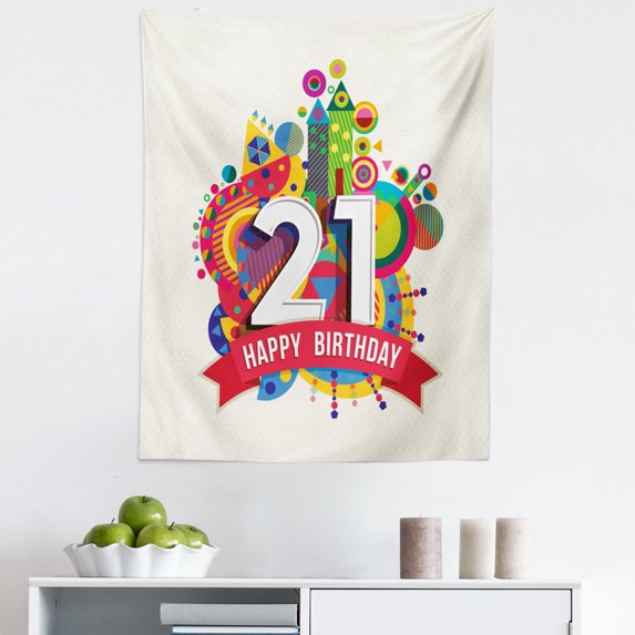 Colorful Tapestry, Colorful Design Happy Birthday Themed Image with Geometrical Castle Print, Fabric Wall Hanging Decor for Bedroom Living Room Dorm, 5 Sizes, Multicolor, by Ambesonne