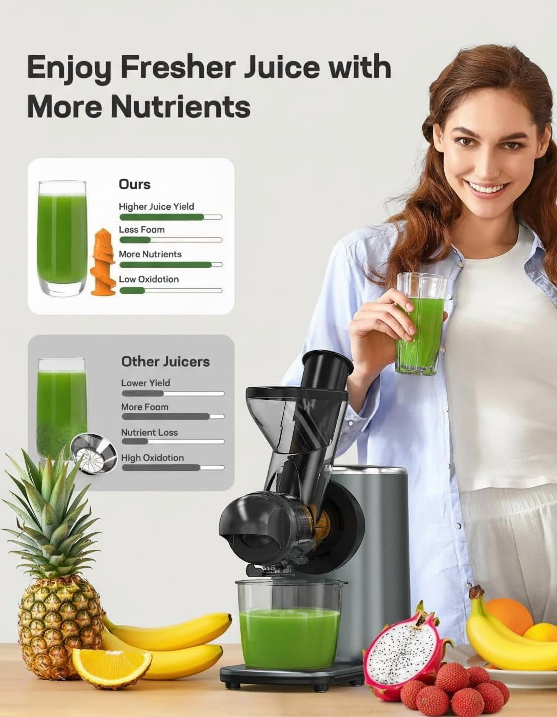 Slow Masticating Cold Press Juicer Machines, High Juice Yield, Self-Feeding with 5.4” Large Chute for Whole Vegetables & Fruits, Reverse Function