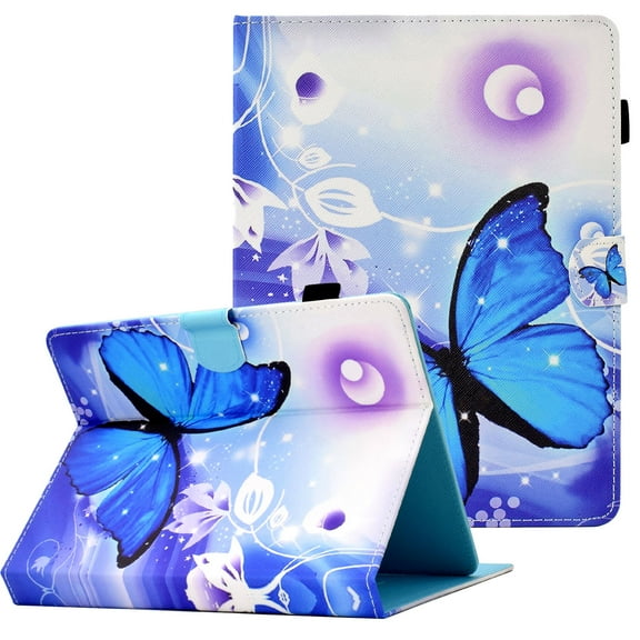 9.5-10.5 inch Tablet Universal Case, Allytech Anti-Scratch PU Leather Kickstand Wallet Card Slots Case with Pen Holder for Galaxy Tab A8 10.5/Tab E 9.6/Onn 10.1 inch table and More, Blue Butterfly