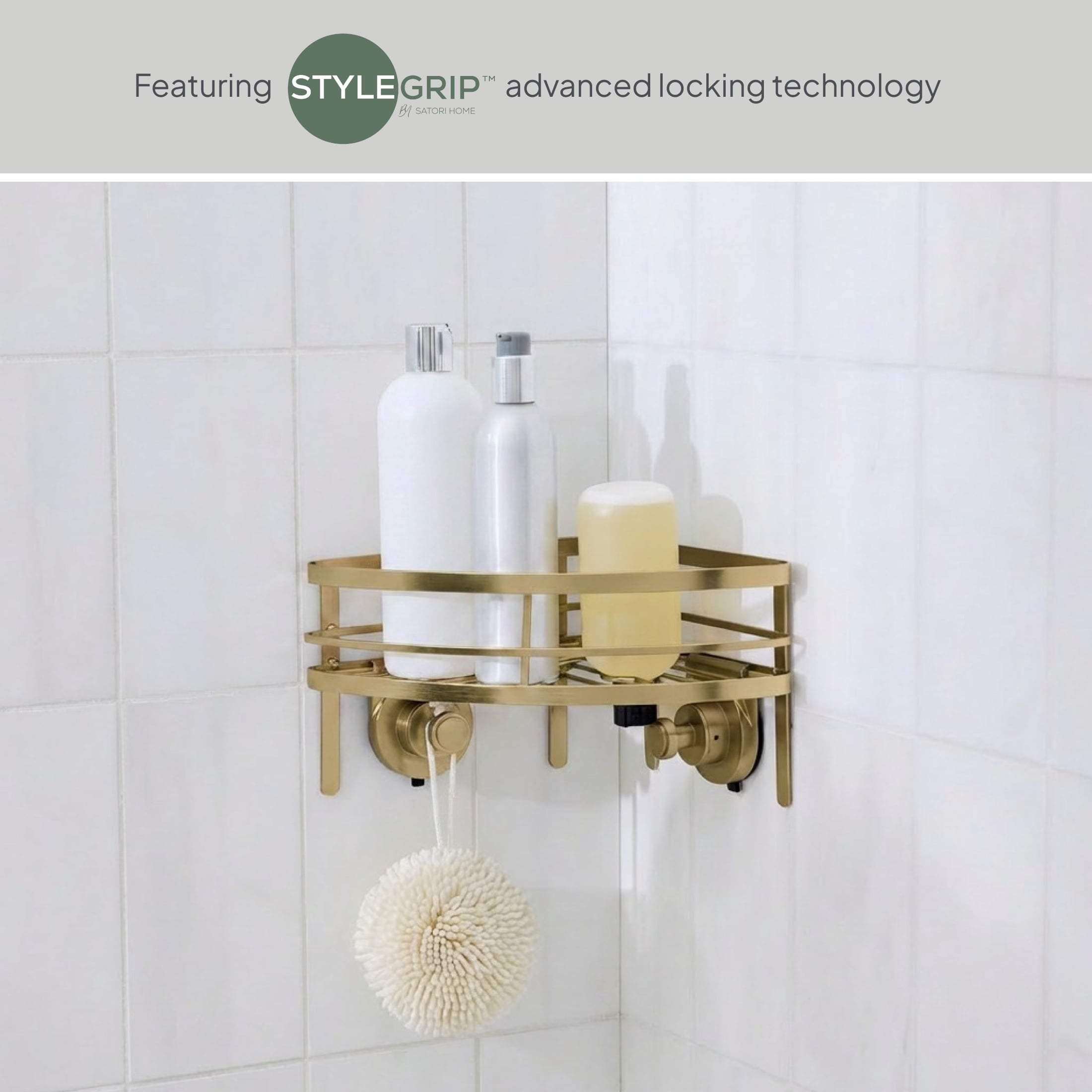 Better Homes & Gardens StyleGrip™ Corner Suction Mount Shower Caddy with Hooks, Brass