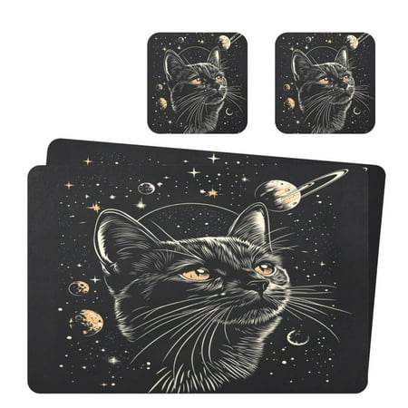 

Wobogo Cat in Space Pattern Placemats Coasters Set of 2 Heat-resistant Non-slip Easy to Clean Square Dinner Plate Mat