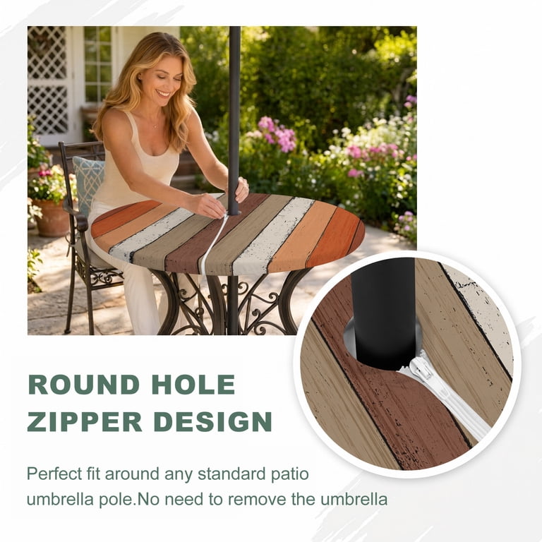 brown patio table cover with umbrella hole Round Outdoor Fitted Tablecloth Waterproof Wipeable Zippered For Picnic Patio Garden Fits Most 36 To 44 Umbrella side table designed by Mixing a patio end table with an outdoor umbrella base stand Dark Brown Outdoor Cast Aluminum