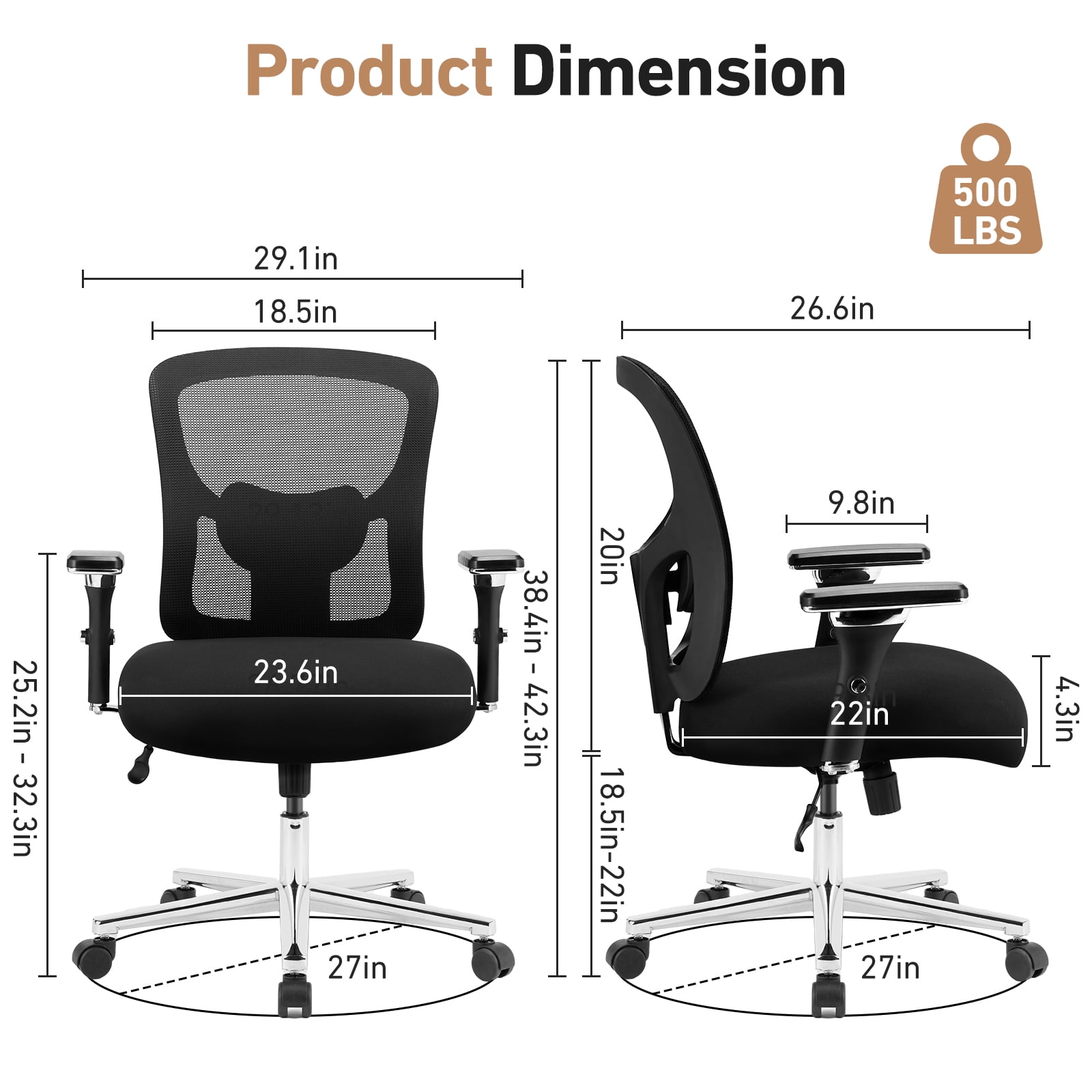 ZUNMOS Ergonomic Office Desk Chair 500lbs, Black Heavy Duty Computer Mesh Chair with Adjustable Armrest, Lumbar Support