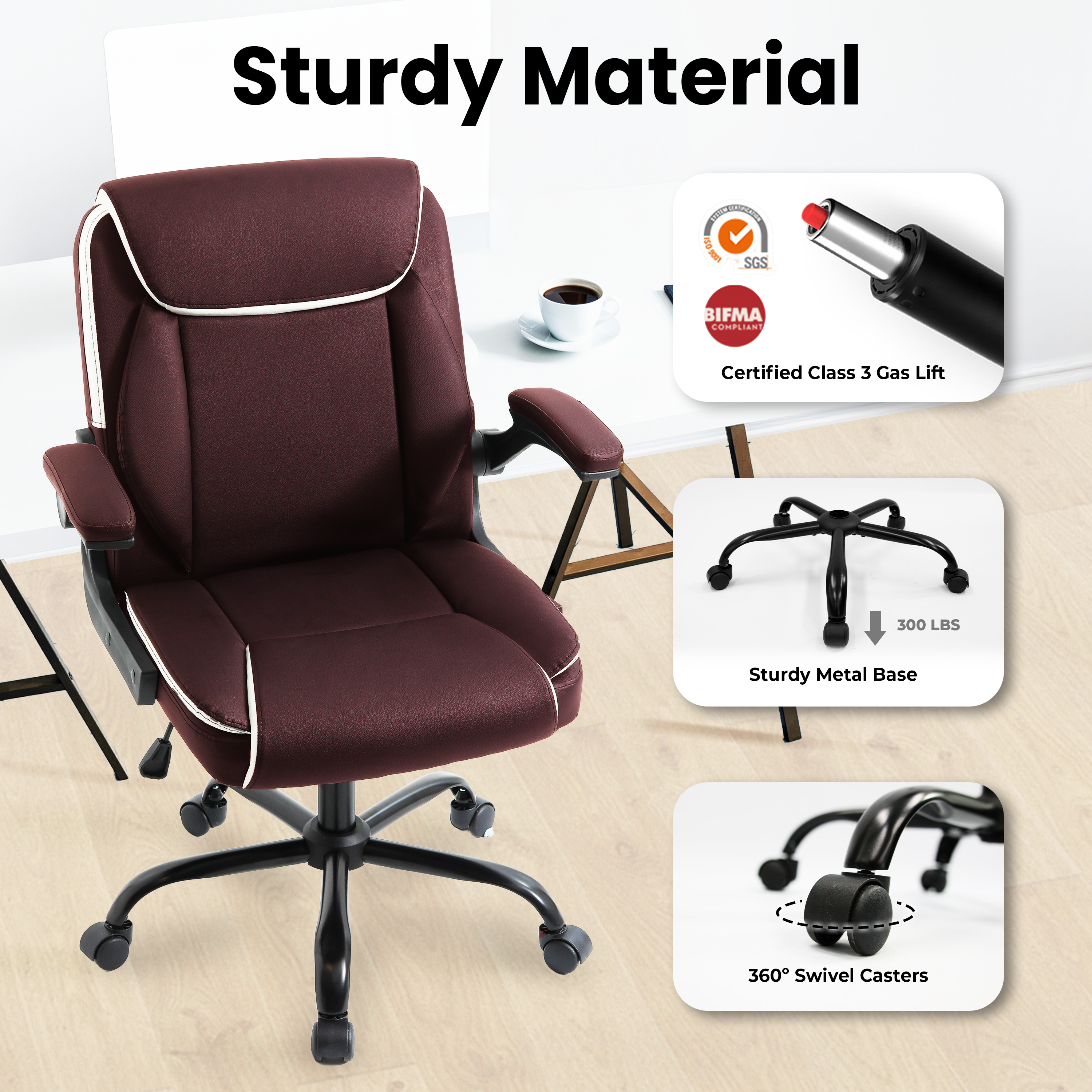 NEO CHAIR Desk Office Gaming Computer Chair Ergonomic Executive Mid-Back Leather with Adjustable Padded Flip-Up Armrests Cushion Wheels Swivel for Home Study Task (Brown)