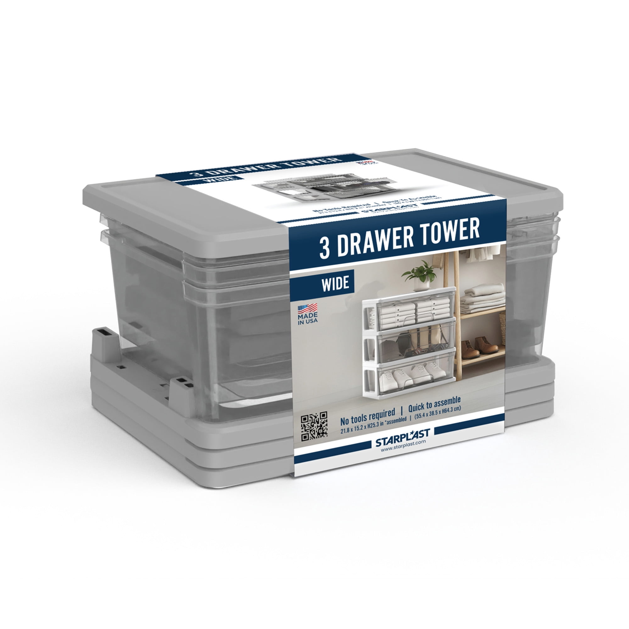 Starplast 3-Drawer Organization Tower Wide Storage Cart, Silver Plastic