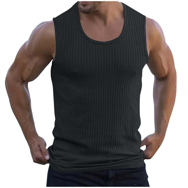Timegard Shirts for Men Ribbed Round Neck Sleeveless Comfy Solid Color Tee Casual Workout Gym Tank Top
