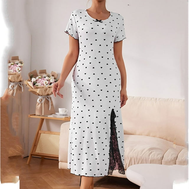 Weiqiqre Pyjama pour Femmes, Chemise de Nuit à Col Rond, Robe de Sommeil à Manches Courtes, Chemise de Nuit d'Été, Tenue de Détente
