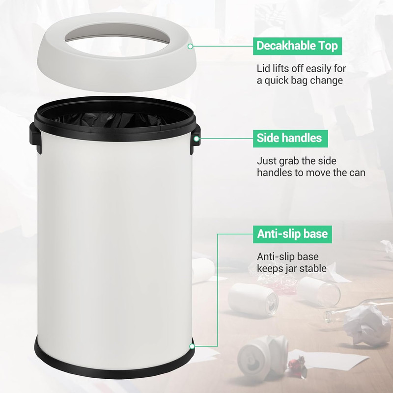 Basics Round Stainless Steel Trash Can with Open Swing lid, Large Kitchen Round Can - 65 Litre/ 17.2 Gallon, Silver, Black,White