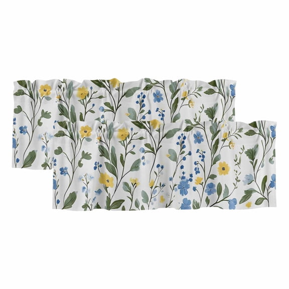Blue Yellow Spring Floral Valances for Windows, Summer Elegant Botanical Green Light Filtering Kitchen Curtains, Rod Pocket Window Valance Curtains for Living Room Bedroom, 42" W x 12" L, 2 Panels