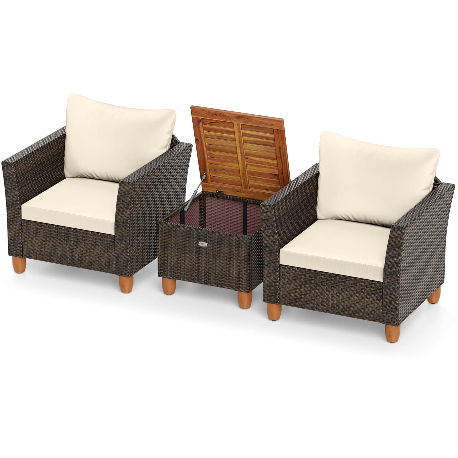 Costway 3 PCS Outdoor Patio Rattan Bistro Furniture Set Wooden Table Top Cushioned Sofa Beige