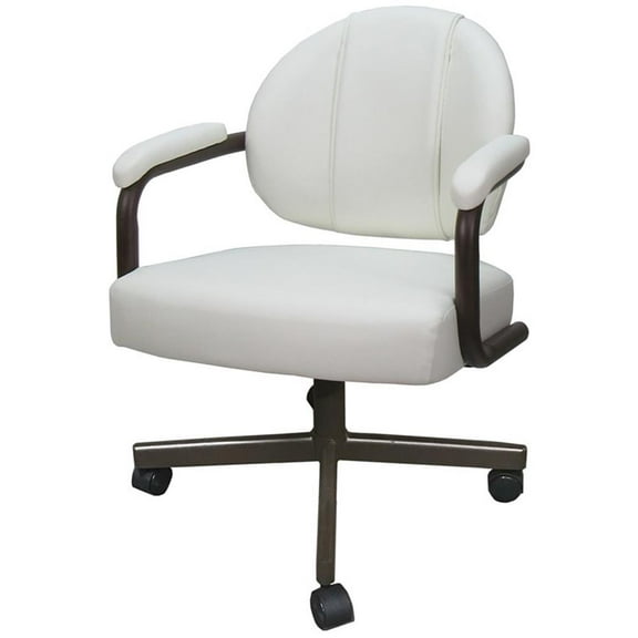 Swivel Metal Dining Caster Chair- M-70 - White Vinyl - Brown Metal