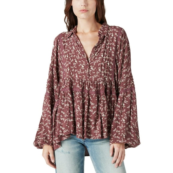 Lucky Brand Women's Brown Floral Print Pleated Top