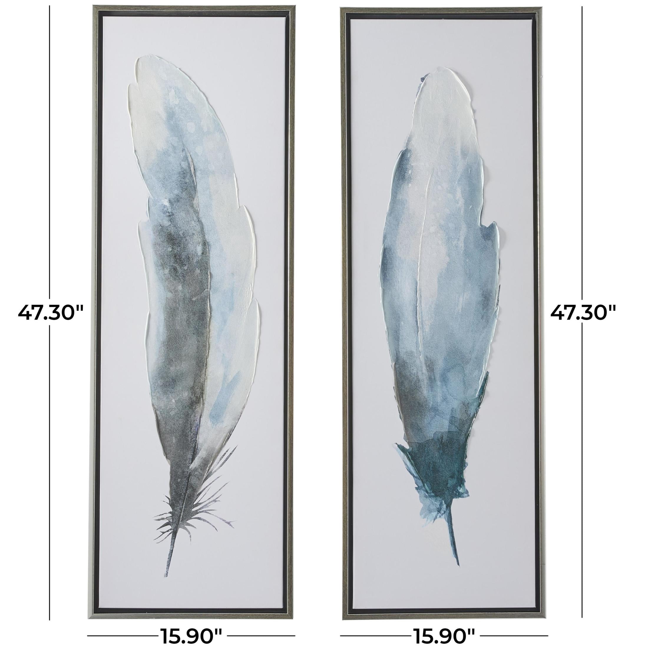 16" x 47" Feathers Bird Framed Wall Art with Silver Frame, by DecMode (2 Count)
