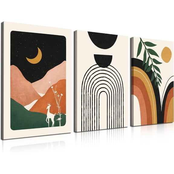Framed Boho Wall Art Set of 3, Boho Wall Decor, Mid Century Modern Wall Art, Neutral Abstract Geometric Prints Minimalist Black Beige Boho Artwork 12" X 16" Ready To Hang for Bedroom