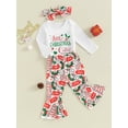 thumbnail image 3 of Suealasg 2PCS Baby Girl Christmas Outfits Set Long Sleeve Letters Print Romper Tops+ Milk Print Bell Bottoms + Headband Set 6 12 18 24 Months Infant Girl Christmas Clothes, 3 of 9
