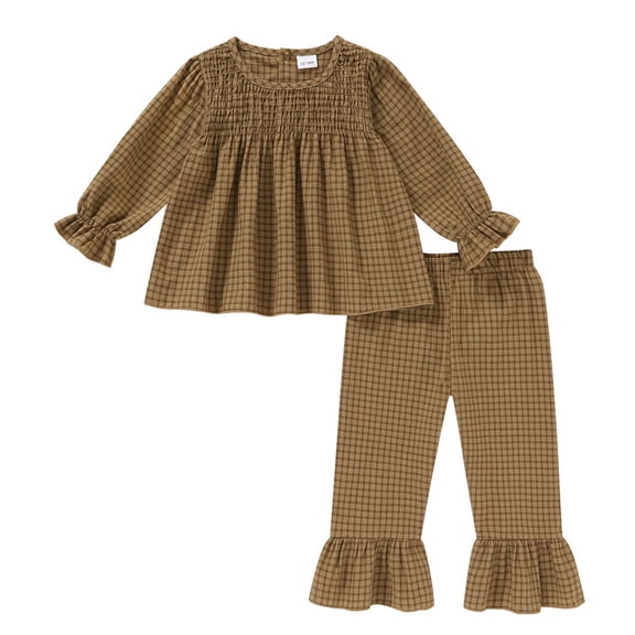 Happy Town Toddler Girl Fall Winter Outfits Smocked Puff Sleeve Top Ruffle Flare Pants Set Kids Casual Plaid 2-Piece Set