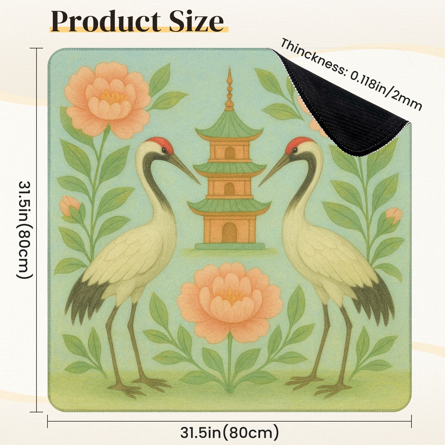 Mahjong Mat 31.5" x 31.5" Elegant Crane Birds Anti-Slip and Noise Reduction Symmetry Design Mahjong Tiles Table Cover for Dominoes Poker Card Board and Tile Games