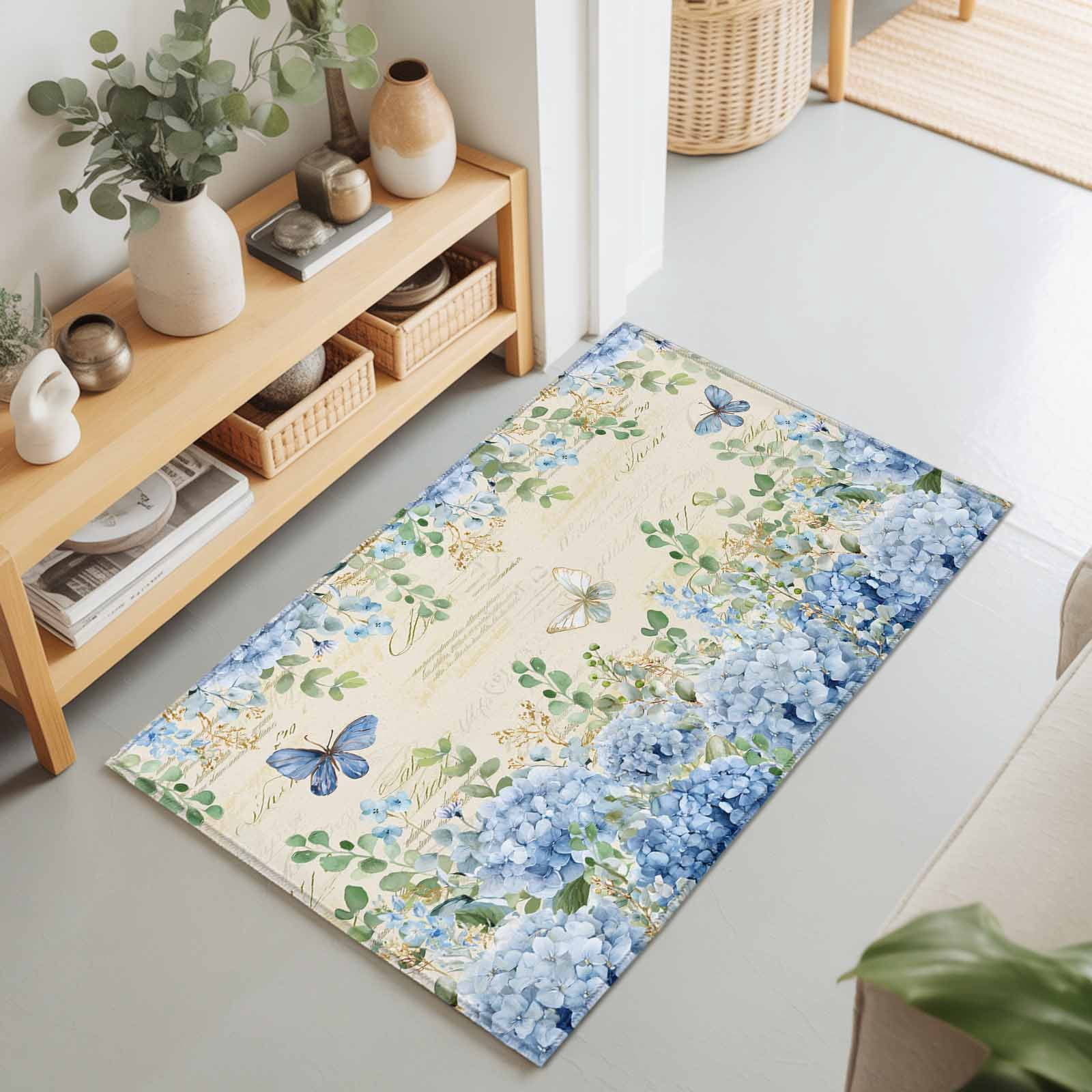 Bathroom Rugs 2x3 Ft, Blue Hydrangea Non Slip Area Rugs for Kitchen Bedroom Entryway, Spring Summer Eucalyptus Farmhouse Retro Washable Carpet Runner Rug Floor Mats for Bedroom Home Decor