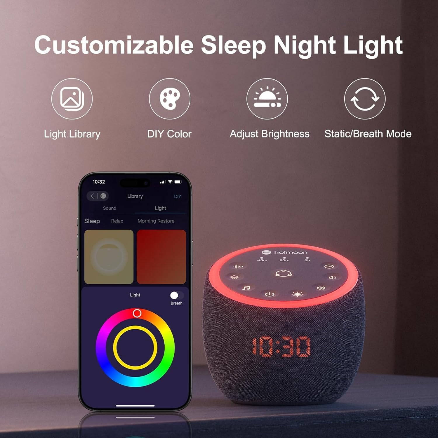 Hotmoon Cocoon Pro 2 Smart White Noise Sound Machine, Alarm Clock for Bedroom, 388 Soothing Sounds, Sleep Trainer, Routine Builder, App Control, Adults Mindfulness Meditation