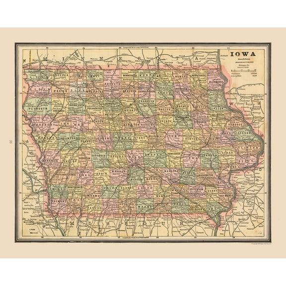 Historic State Map - Iowa - Cram 1888 - 28.49 x 23 - Vintage Wall Art