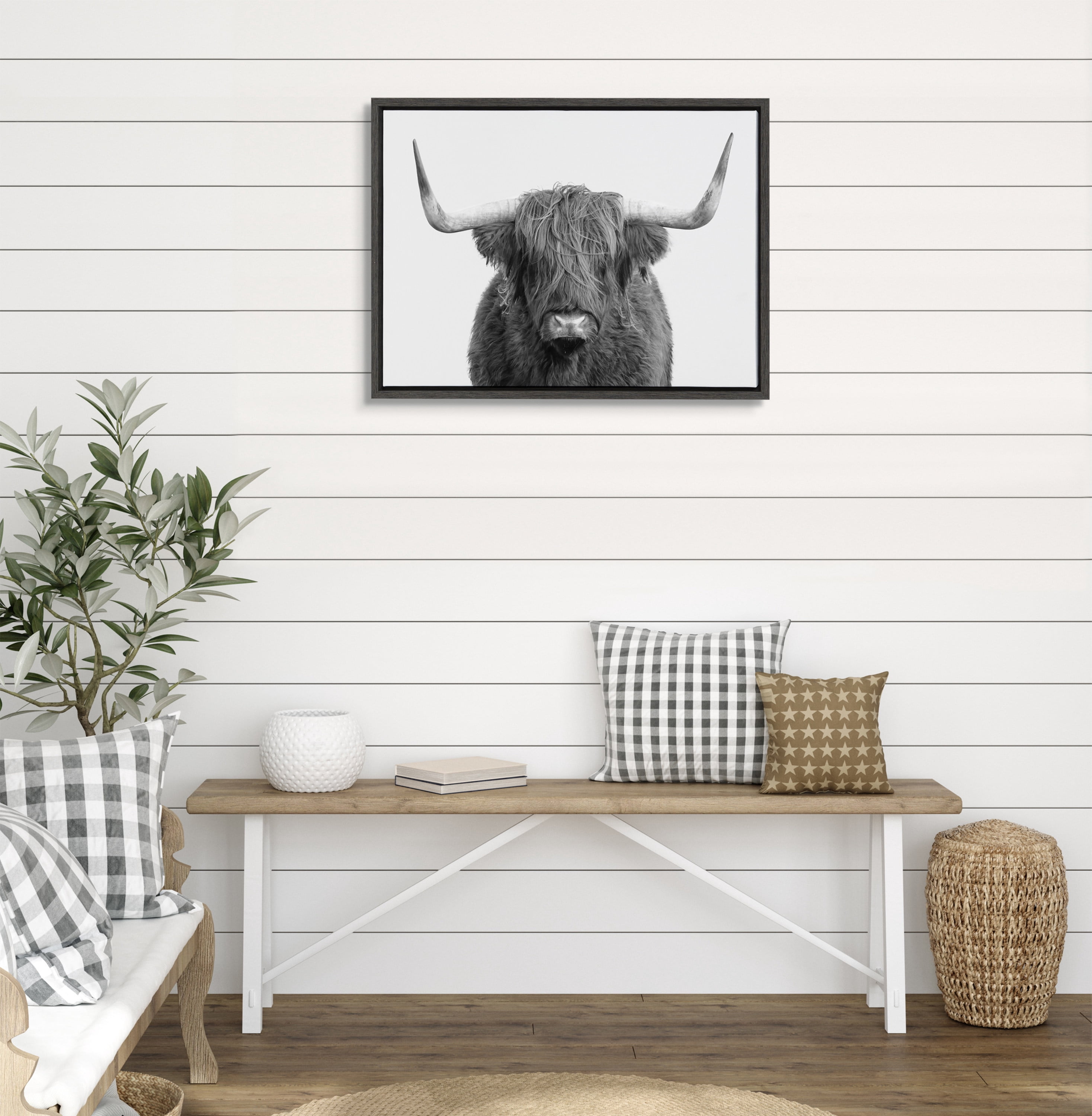 B&W Highland Cow No. 1 24 in x 18 in Framed Painting Canvas Art Print, by Kate and Laurel