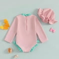 thumbnail image 3 of Infant Baby Swimsuit One-Piece Bathing Suit Toddler Kids Long Sleeve RuffleButts Rash Guard with Hat Set Zipper Beach Wear, 3 of 5