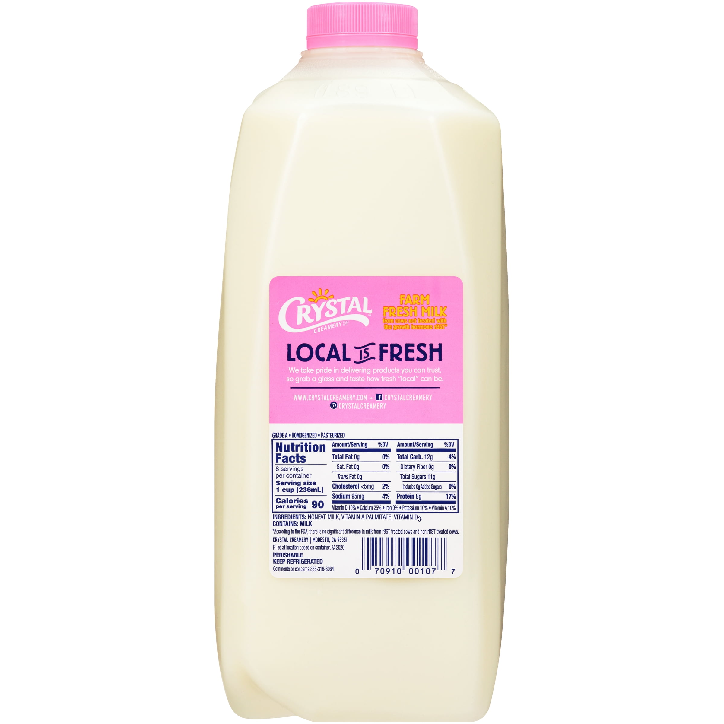 Crystal Creamery Real California Fat Free Milk, Gluten Free, 64 fl oz