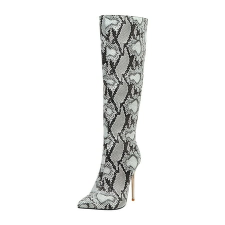 

EQWLJWE 2022 Booties for Women Super High Heel Pointed Shoes Winter Leopard Print Snake Pattern Stilettos Knee-High Sexy Boots Deals Discount Clearance