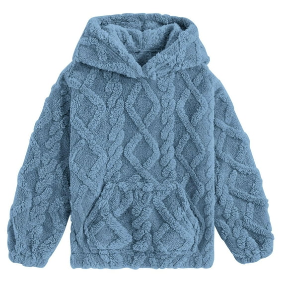 Kids Hooded Plush Pullover Sweater Soft Textured Fleece Cozy Long Sleeve Warm Winter Outerwear for Boys Girls