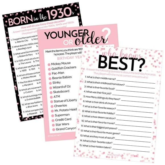 Nostalgic 1930s Birthday Game Collection - Fun Pink and Black Bundle for 90th Celebration - Includes 3 Engaging Games for Up to 20 Guests to Enjoy Together