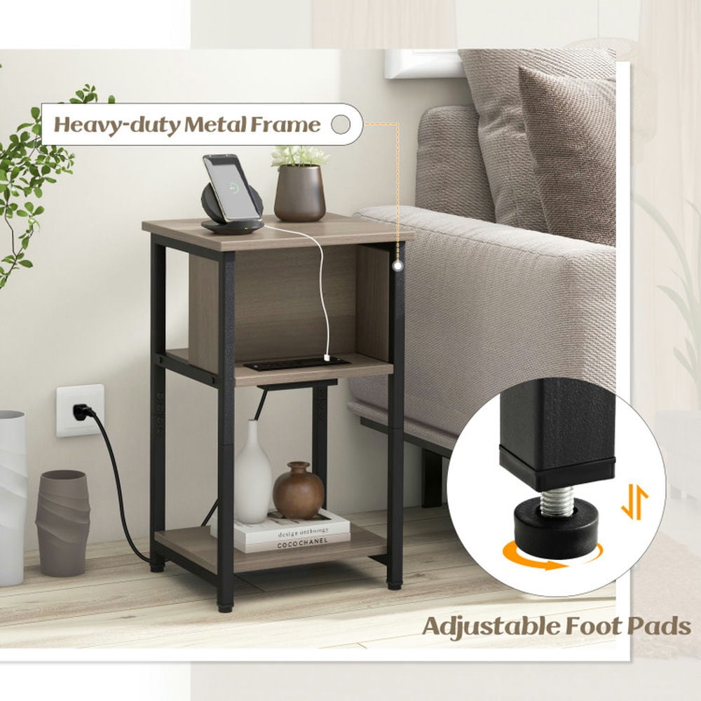 Finihen End Table, Nightstand, 3-Tier End Table with USB Ports & Power Outlets-1 Piece, Sofa Side Table, Bed Side Table, for Living Room, Bedroom, Gray & Black Finihen End Table, Nightstand, 3-Tier End Table with USB Ports & Power Outlets-1 Piece, Sofa Side Table, Bed Side Table, for Living Room, Bedroom, Gray & Black