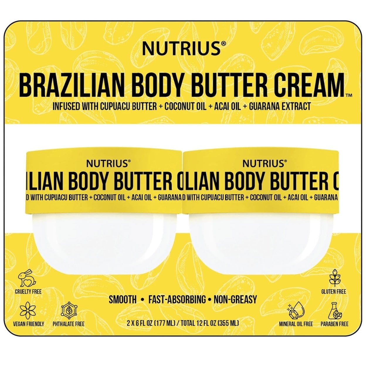Nutrius Brazilian Body Butter Cream, 6 Fluid Ounce (Pack of 2