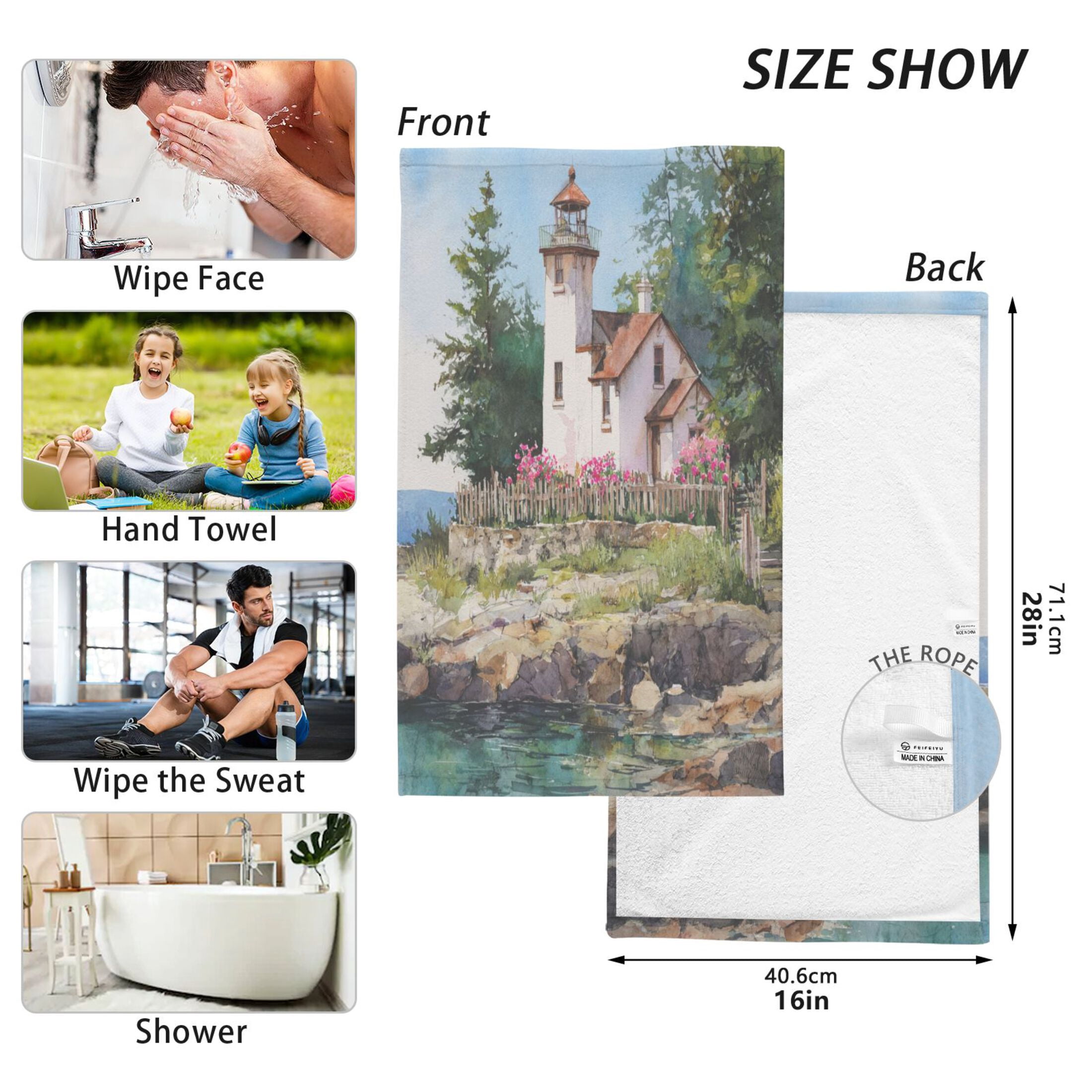 2 Pieces of Cotton Towel Face Towel Set Hand Towel Bath Towel Cotton Bath Towel Sets Lighthouse Brown Roof