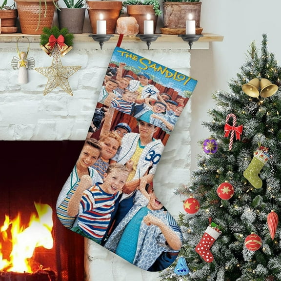 The Sandlot-theme Christmas Stockings，Fine white linen for Stairs Fireplace Hanging Xmas Home Decor Christmas gift17.7"X12.6"(45cm×32cm)